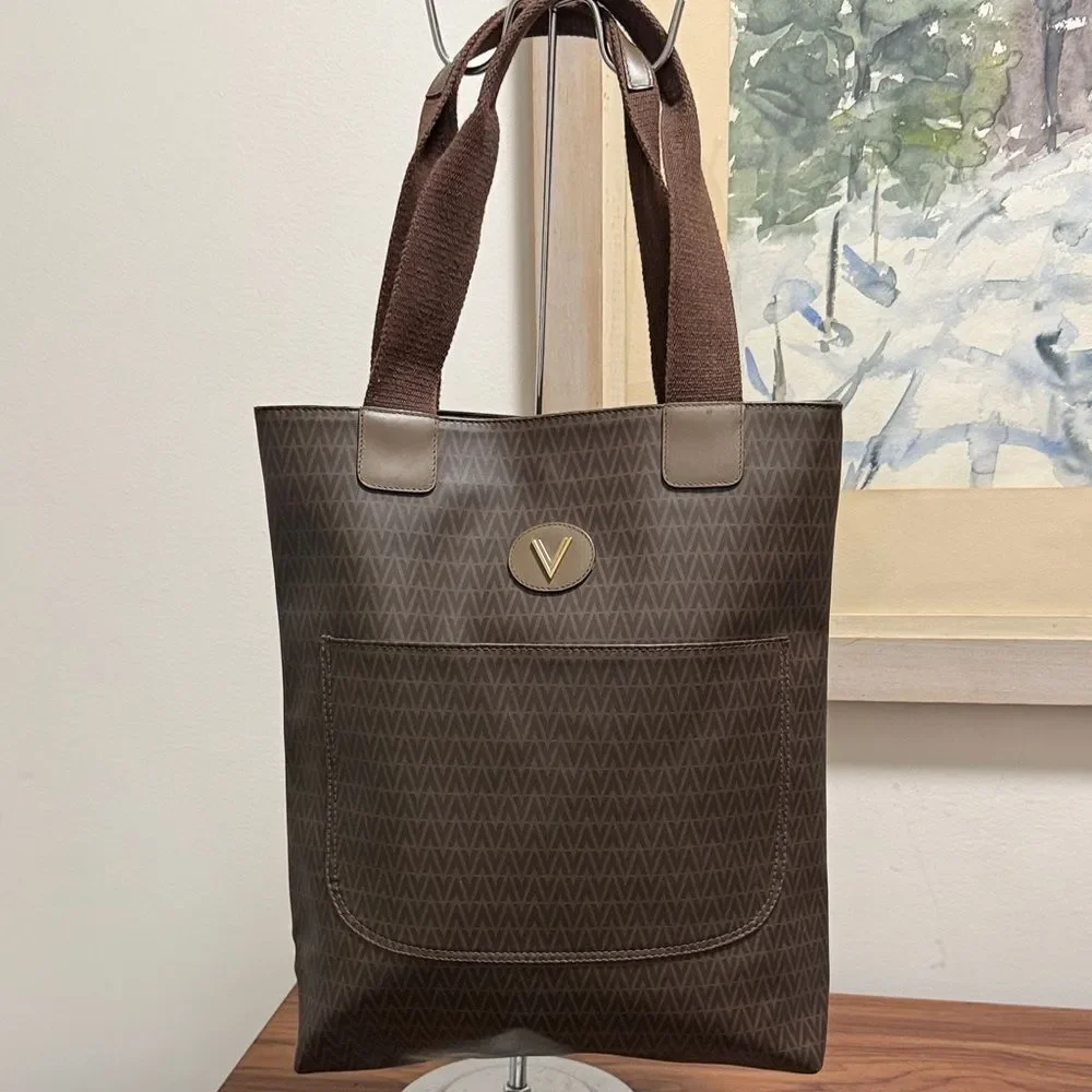NWOT Mario Valentino Brown Logo Coated Canvas Tote Bag with Shoulder Strap.